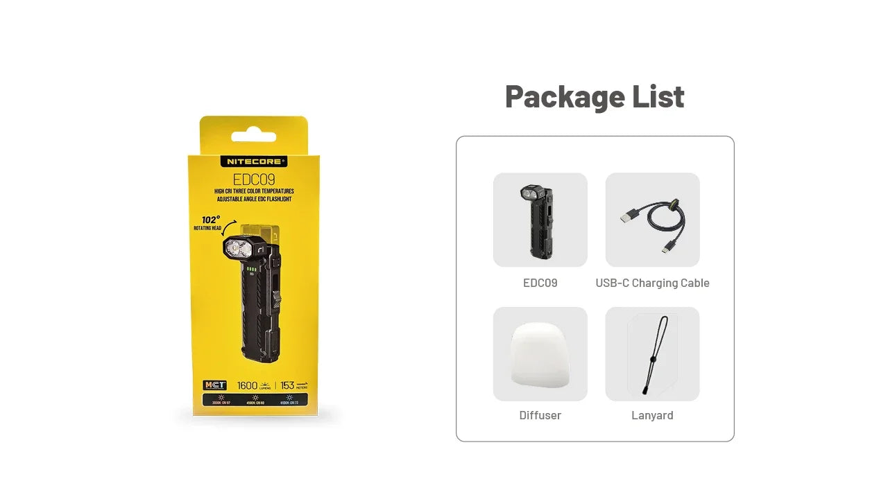 Nitecore EDC09 Flashlight 1600 Lumens - Swivel Head 102° - 3 Color Temperatures - Rechargeable USB-C
