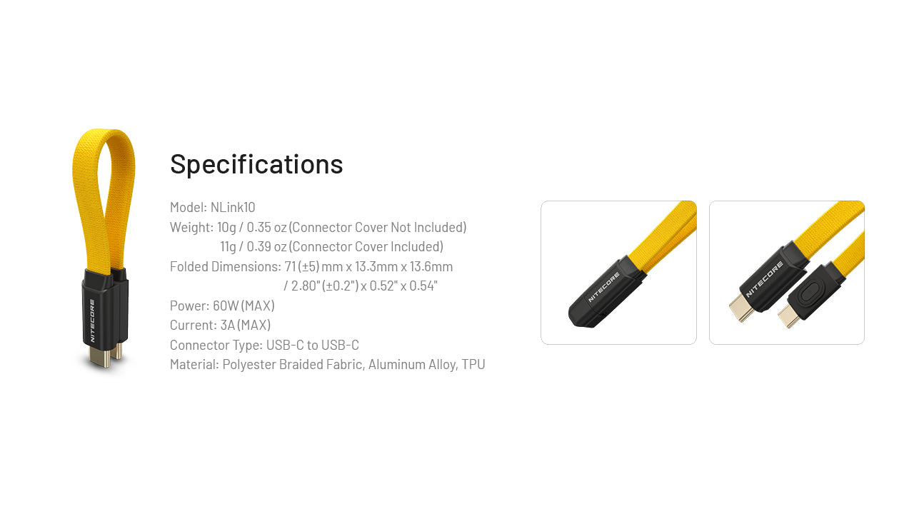 Nitecore NLink10 Fast Charging USB-C Cable 60W - Compact Magnetic - Gold-Plated Connectors PD QC