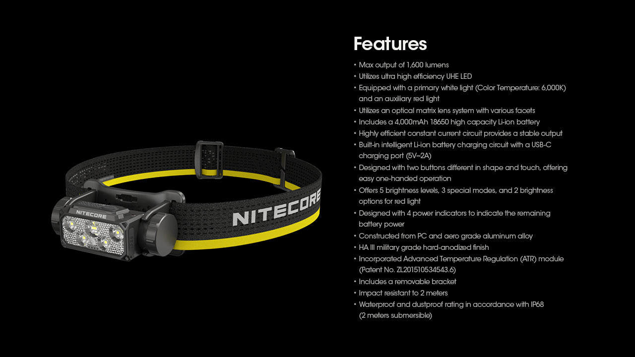 Nitecore HC60 UHE Headlamp 1600 Lumens - 18650 4000mAh battery