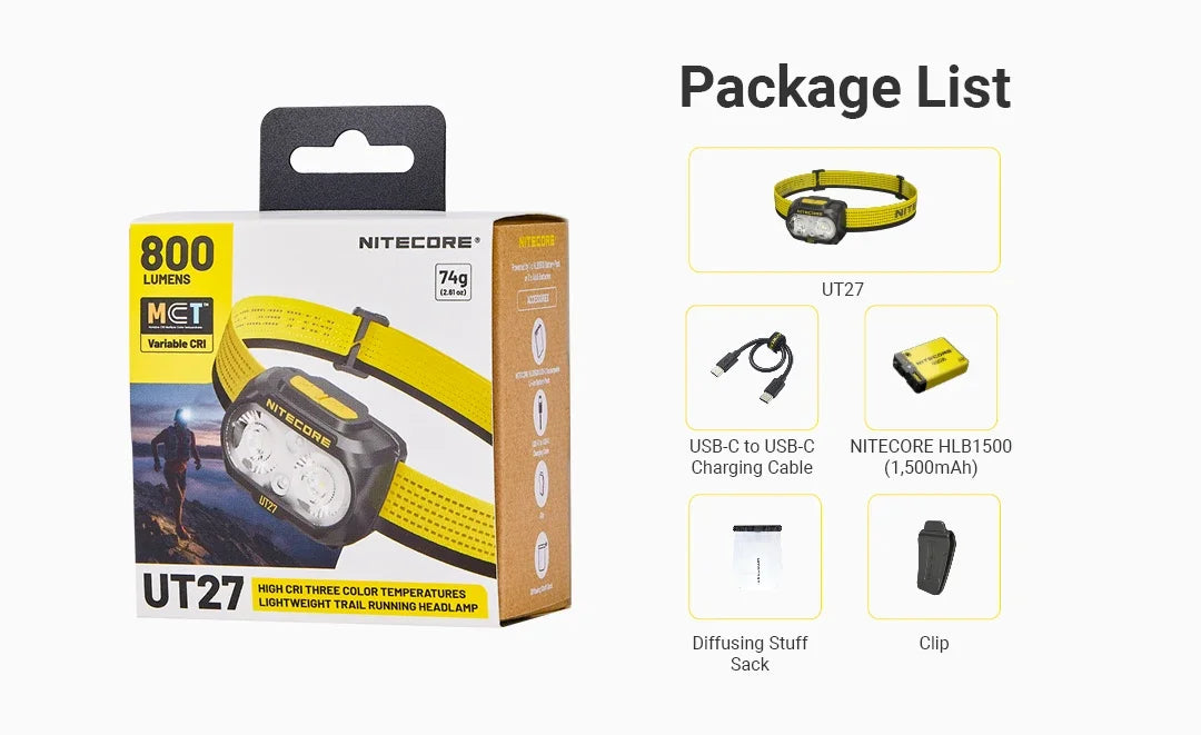 Nitecore UT27 Headlamp 800 Lumens - 1 HLB1500 Battery - 3 Color Temperatures - High CRI