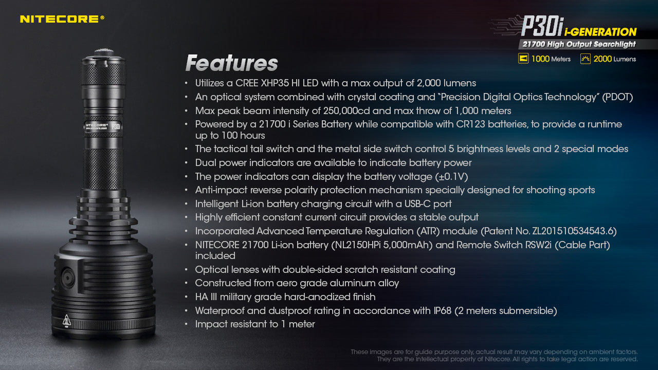 Nitecore P30i 2000 Lumens - Lampe Tactique Longue Portée Rechargeable USB-C - Portée 1000m - Interrupteur Déporté RSW2i