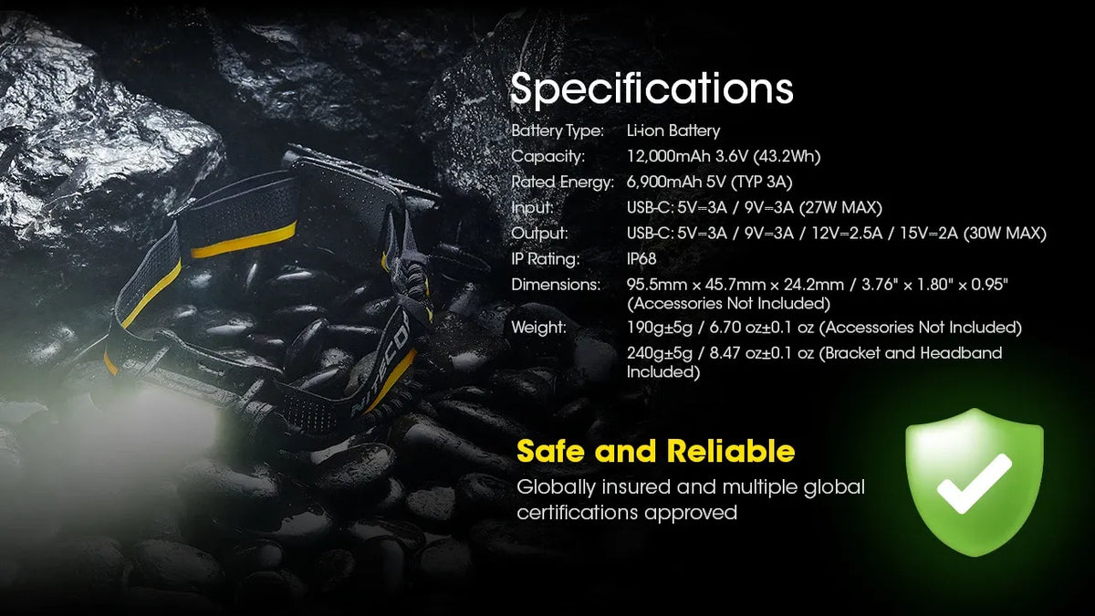 Nitecore Carbon Battery 12K Kit - Headlamp Runtime Extender USB-C IP68 12000mAh