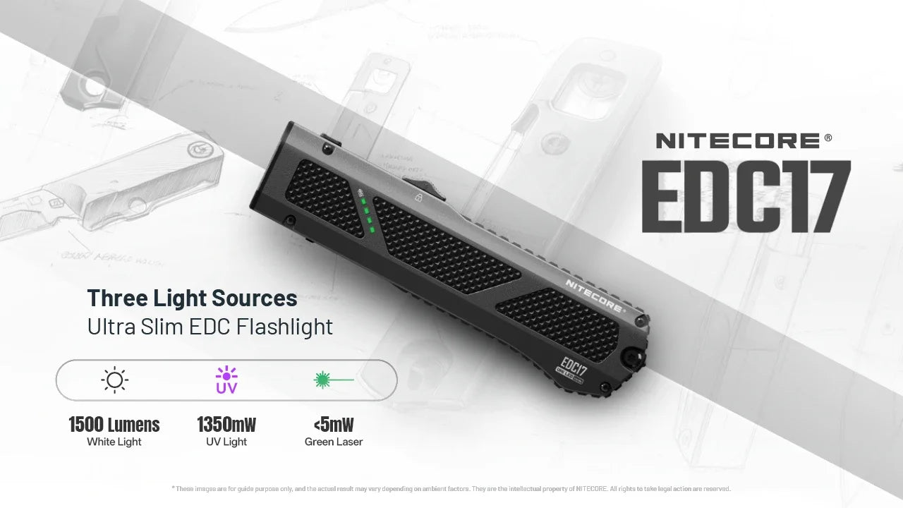 Nitecore EDC17 Flashlight 1500 Lumens - White LED + UV + Green Laser - Flat Design - Rechargeable USB-C