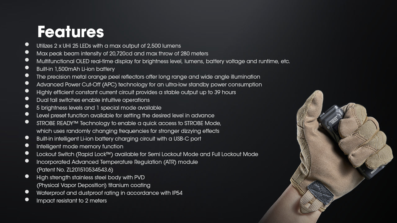 Lampe Torche Ultra Fine Nitecore EDC23 2500 Lumens - Rechargeable USB-C