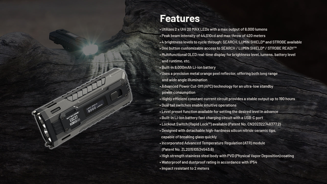 Lampe Torche Nitecore EDC37 8000 Lumens - Rechargeable USB-C - Écran OLED - Acier Inoxydable