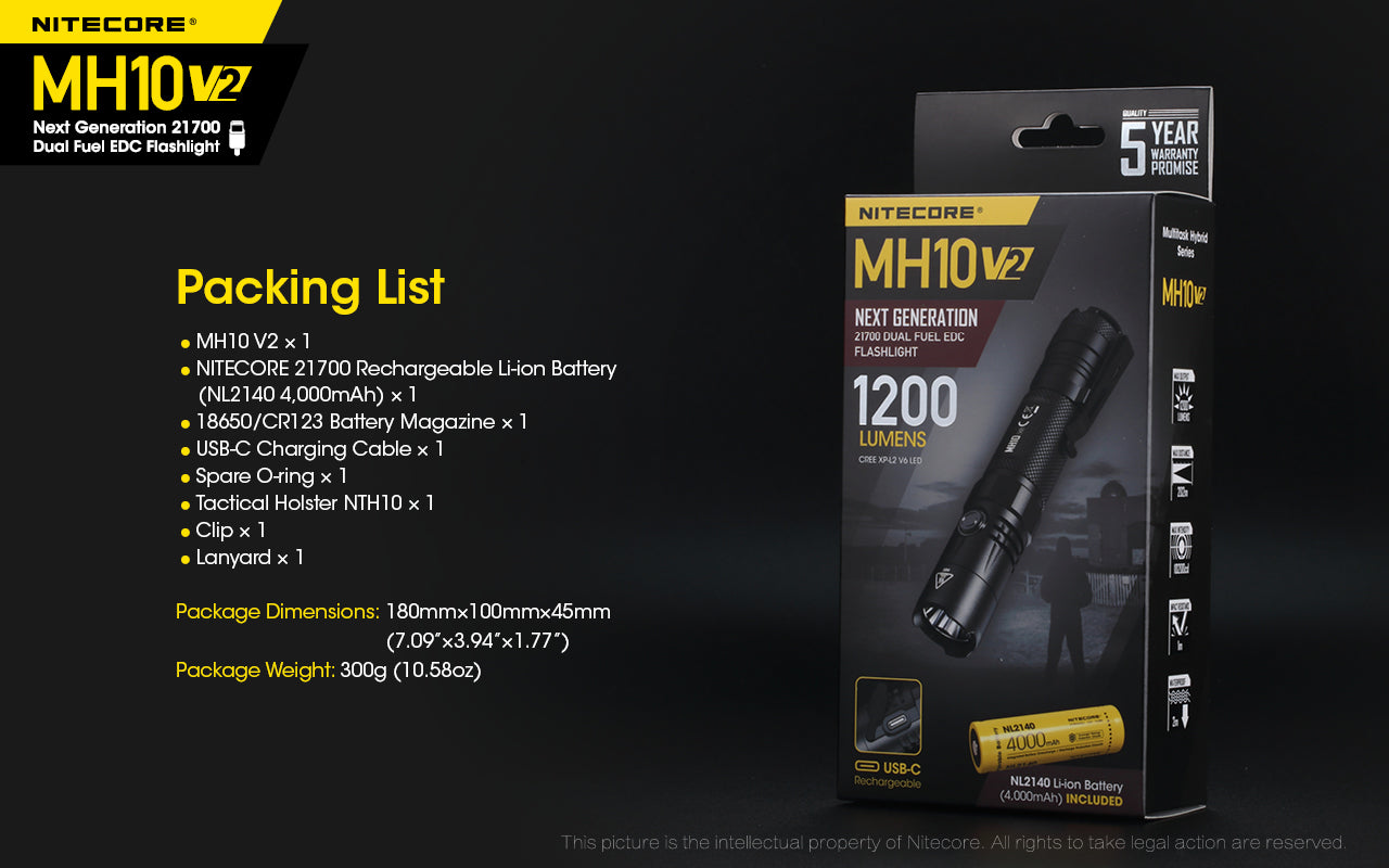 Nitecore MH10 V2 Flashlight 1200 Lumens - Rechargeable USB-C - 21700 Battery