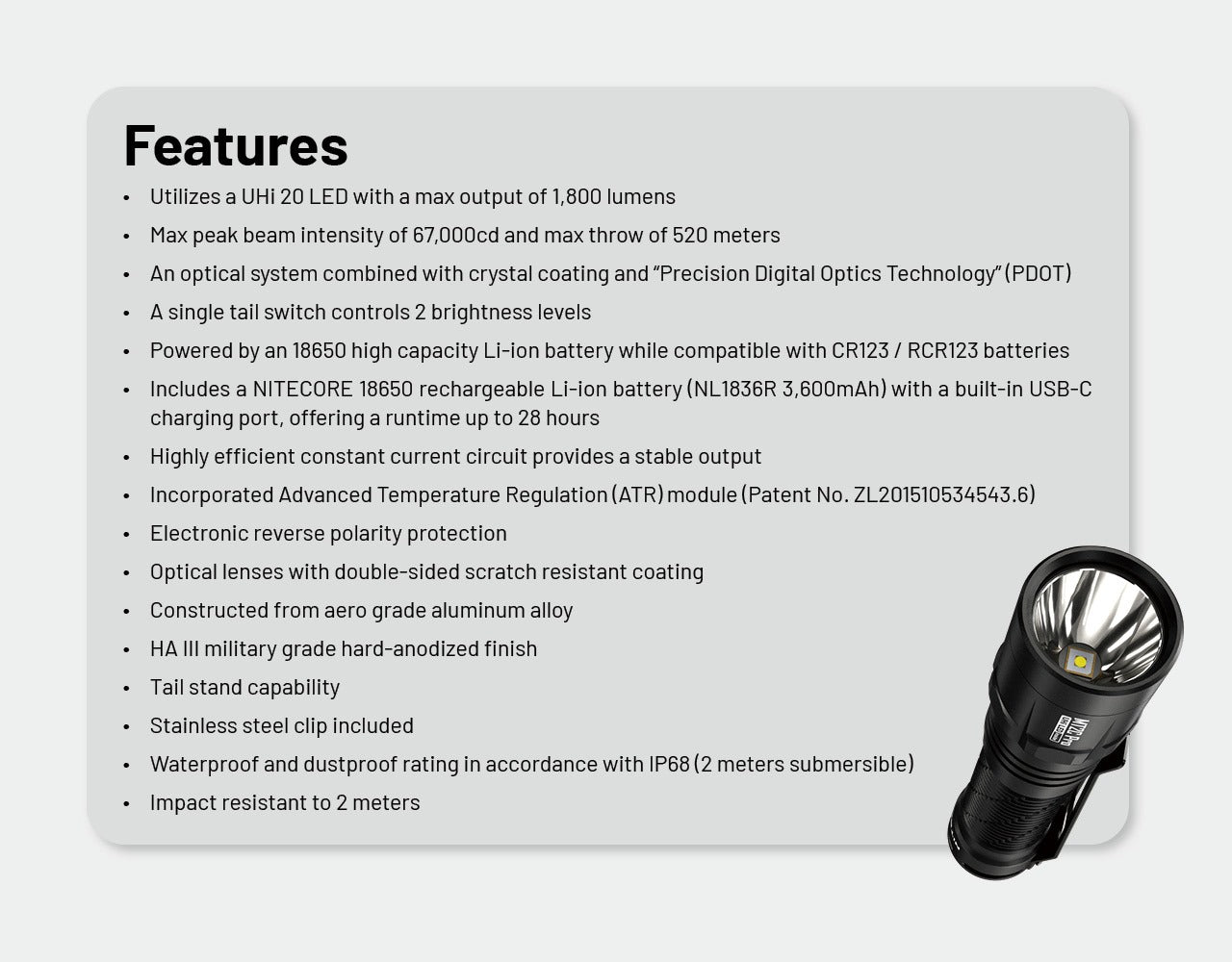 Nitecore MT2C Pro 1800 Lumens - Compact EDC Flashlight USB-C Rechargeable CR123 Compatible (Copie)