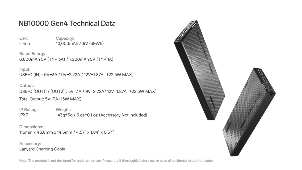 Batterie Externe Nitecore NB10000 Gen 4 10000mAh - Charge Rapide 22,5W USB-C - IPX7 - Ultra-Légère 143g