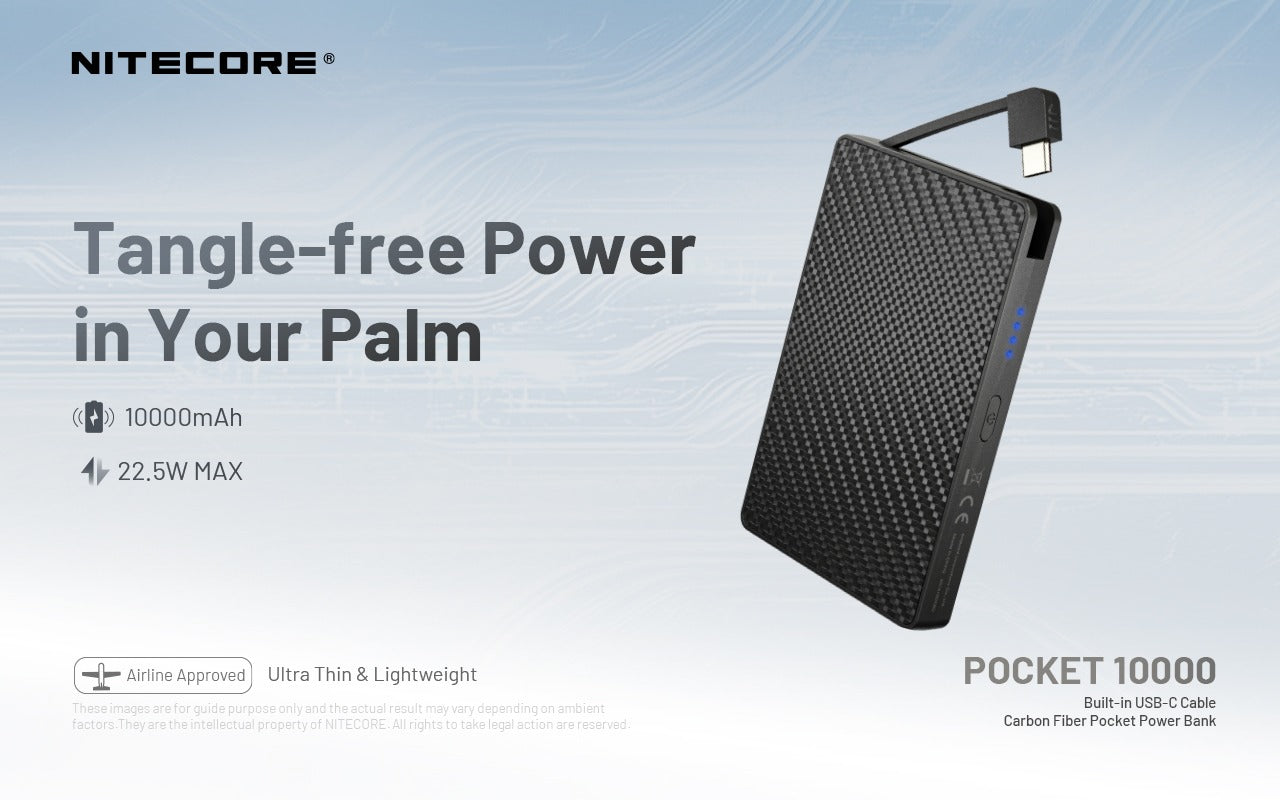 Nitecore Pocket 10000- Batterie Externe Powerbank Carbone 10000mAh - câble USB-C intégré