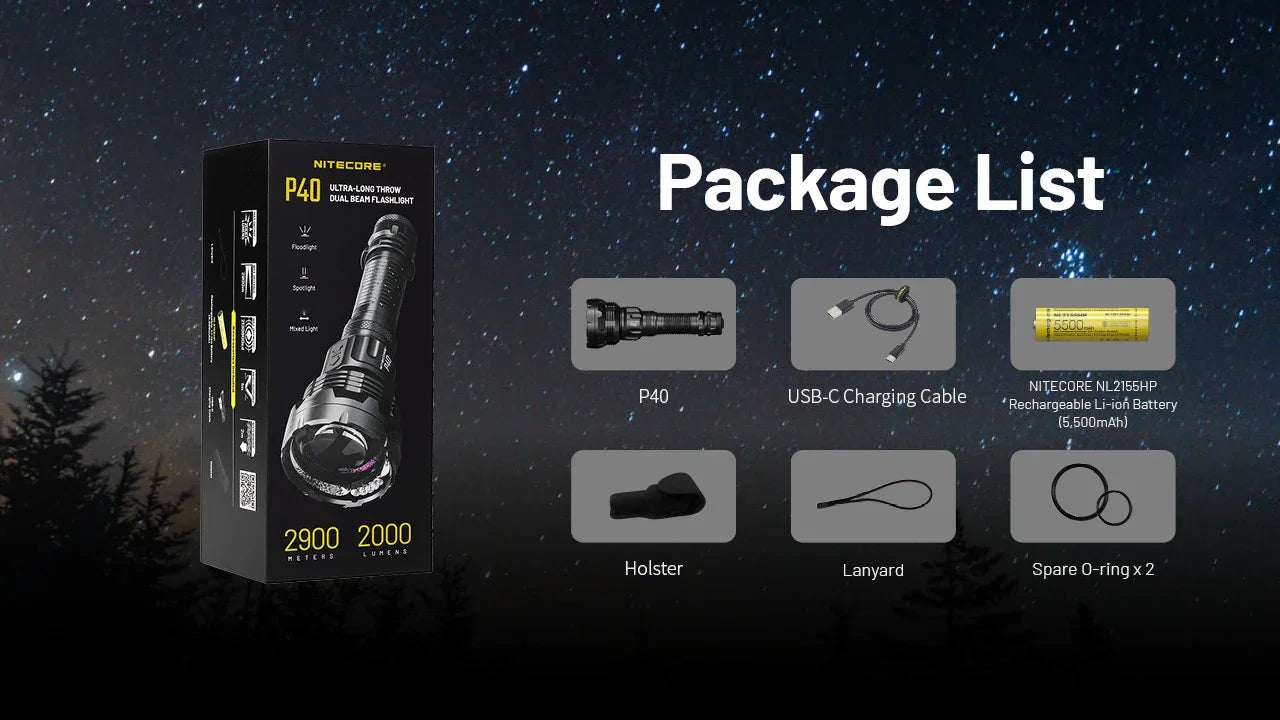 Nitecore P40 2000 Lumens - Long Range LEP Tactical Flashlight Rechargeable USB-C - Dual Beam Spot/Flood