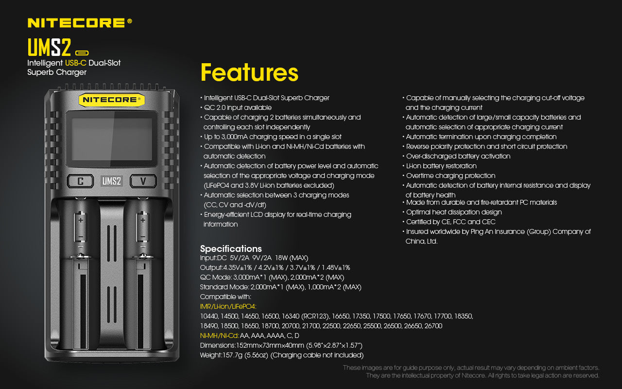 Nitecore UMS2 Universal Intelligent Charger - 2 Slots - 3000mA Max USB