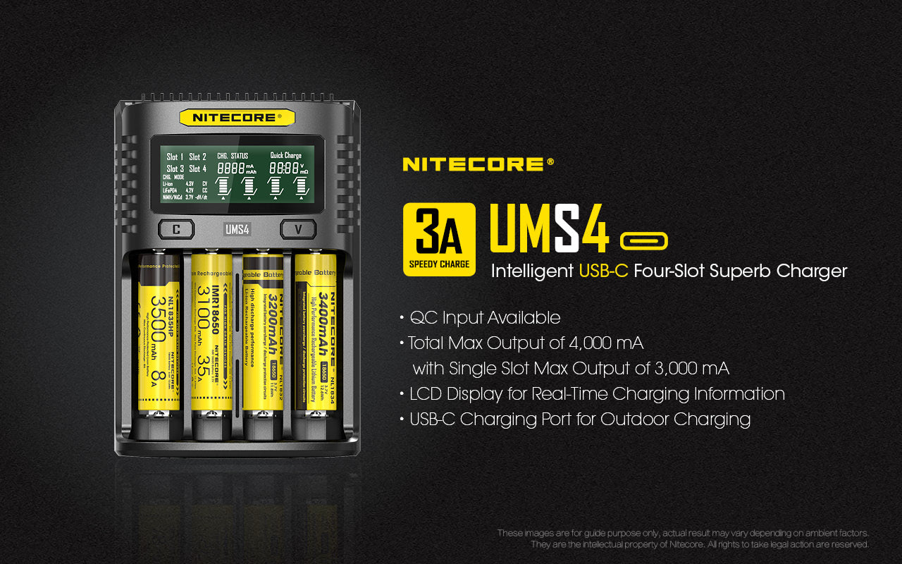 Nitecore UMS4 Universal Intelligent Charger - 4 Slots - 3000mA Max USB