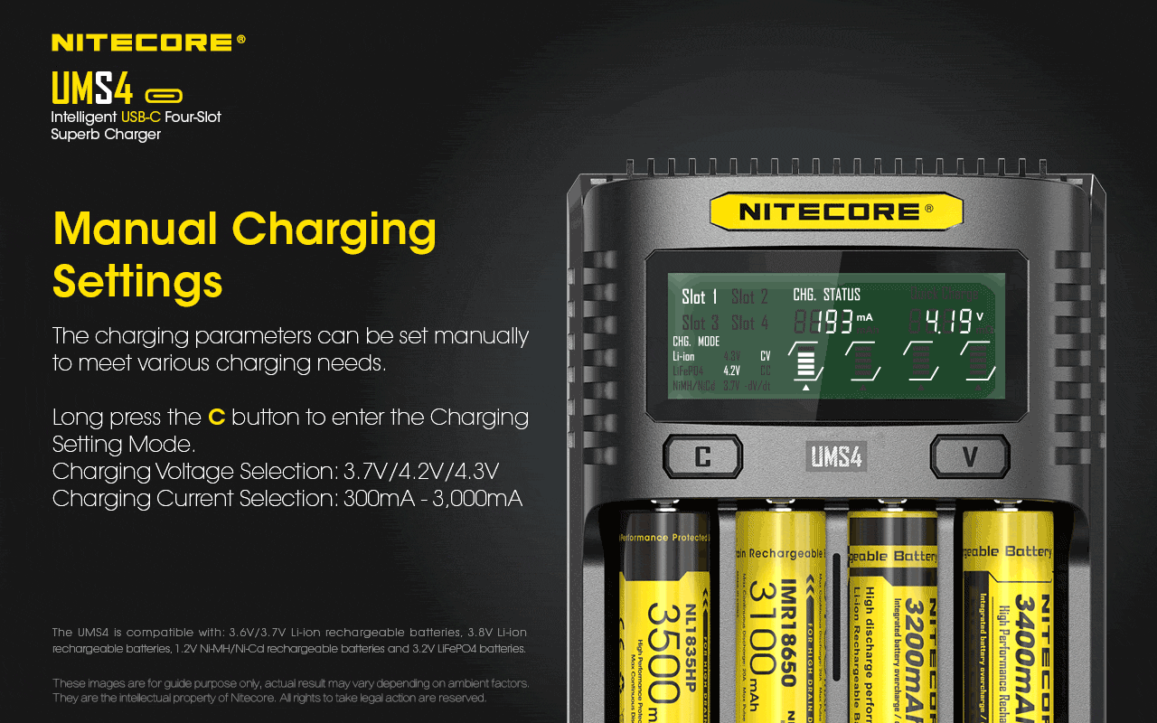 Nitecore UMS4 Universal Intelligent Charger - 4 Slots - 3000mA Max USB