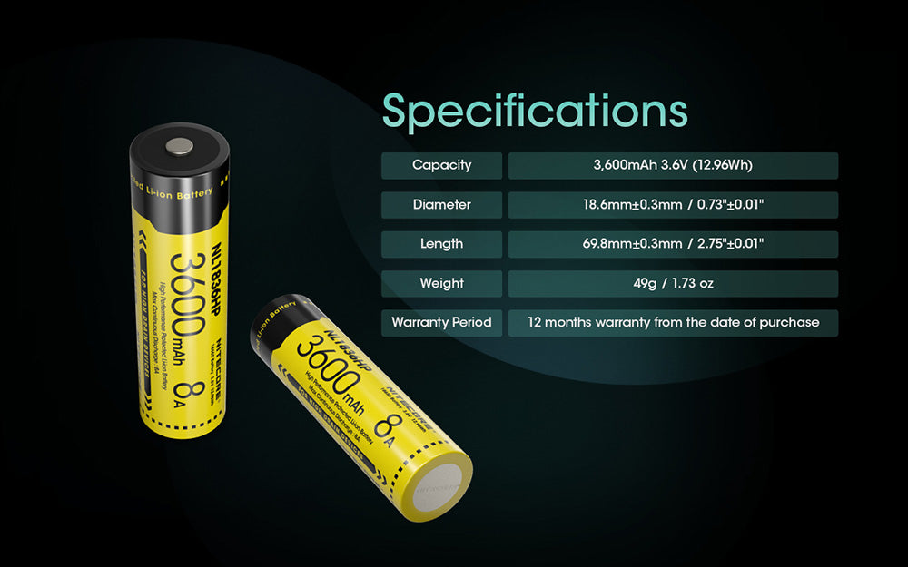 Batterie Nitecore NL1836HP 3600mAh 18650 Rechargeable - 8A Haute Performance