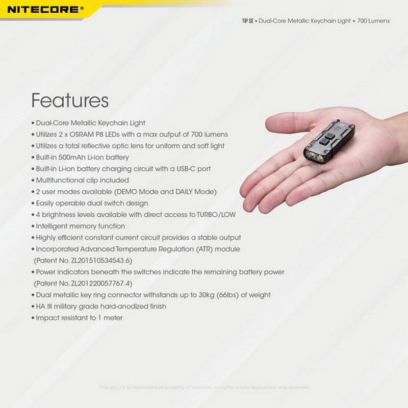 Nitecore TIP SE 700 Lumens - Mini Lampe de poche Porte-Clés Rechargeable USB-C
