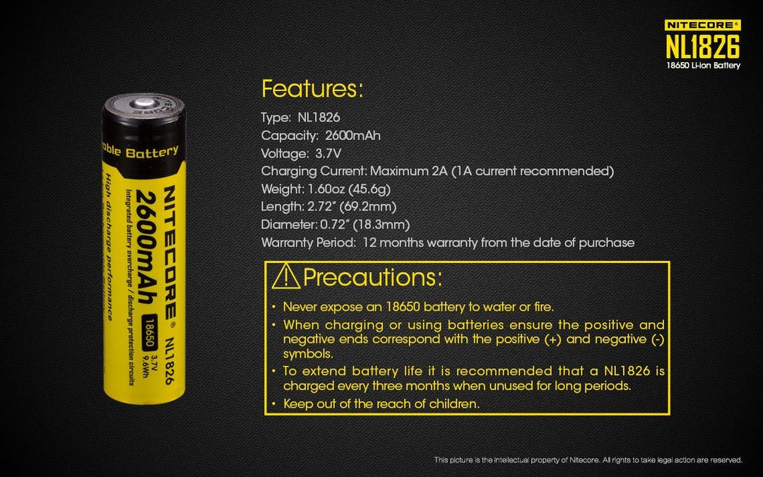 Nitecore NL1826 2600mAh Rechargeable 18650 Battery