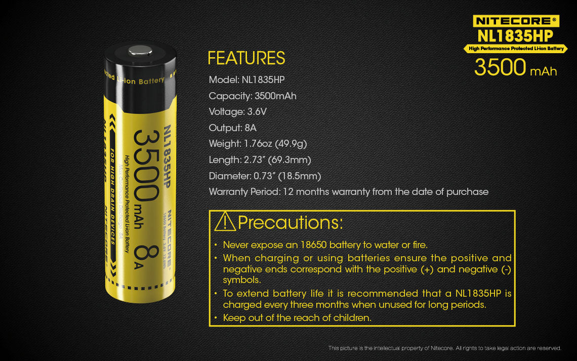Nitecore NL1835HP 3500mAh Rechargeable 18650 Battery - 8A High Performance