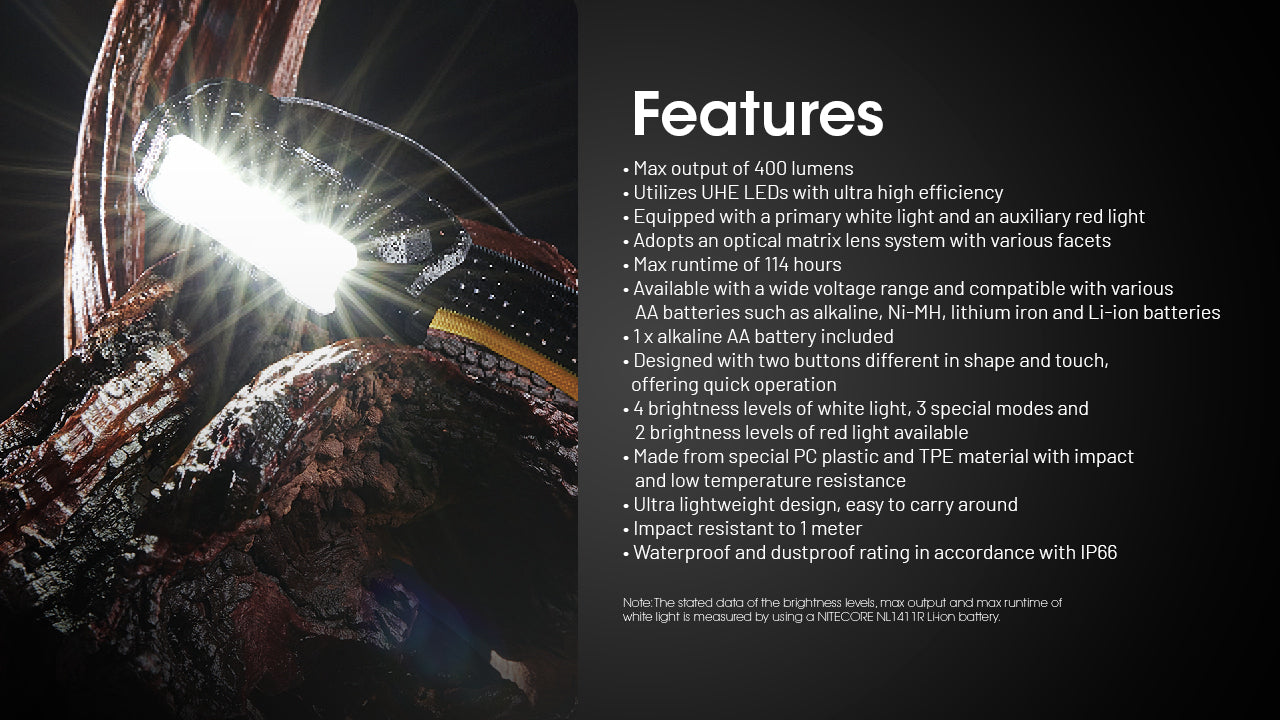 Nitecore HA15 UHE Headlamp 400 Lumens Rechargeable USB-C - Red Light - Ultra-Lightweight