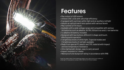 Nitecore HA15 UHE Headlamp 400 Lumens Rechargeable USB-C - Red Light - Ultra-Lightweight