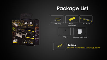 Nitecore HA15 UHE Headlamp 400 Lumens Rechargeable USB-C - Red Light - Ultra-Lightweight