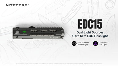 Lampe Torche Nitecore EDC15 1200 Lumens  + UV - Ultra Slim - Rechargeable USB-C