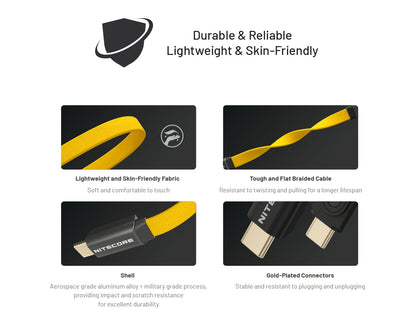 Nitecore NLink10 Fast Charging USB-C Cable 60W - Compact Magnetic - Gold-Plated Connectors PD QC