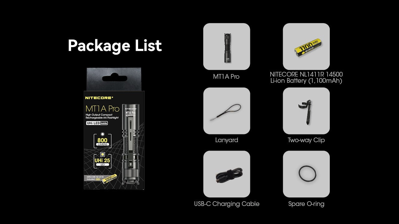 Nitecore MT1A Pro 800 Lumens - Compact EDC Flashlight USB-C Rechargeable AA Compatible