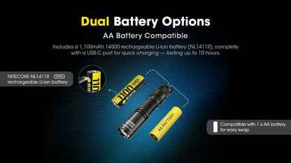 Nitecore MT1A Pro 800 Lumens - Compact EDC Flashlight USB-C Rechargeable AA Compatible