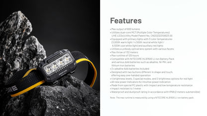 Nitecore HA23 UHE Headlamp 600 Lumens - 3 Color Temperatures - Dual Power - Ultra-Lightweight
