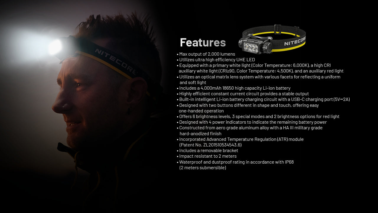 Lampe Frontale Nitecore HC65 UHE 2000 Lumens - Rechargeable USB-C - Lumière Rouge