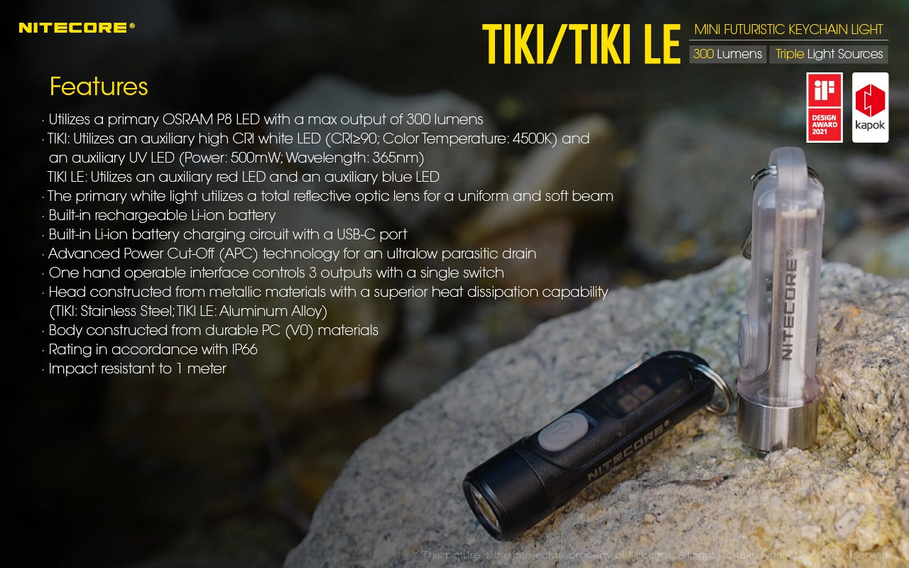 Nitecore TIKI 300 Lumens - EDC Keychain Light USB-C Triple Source UV CRI90