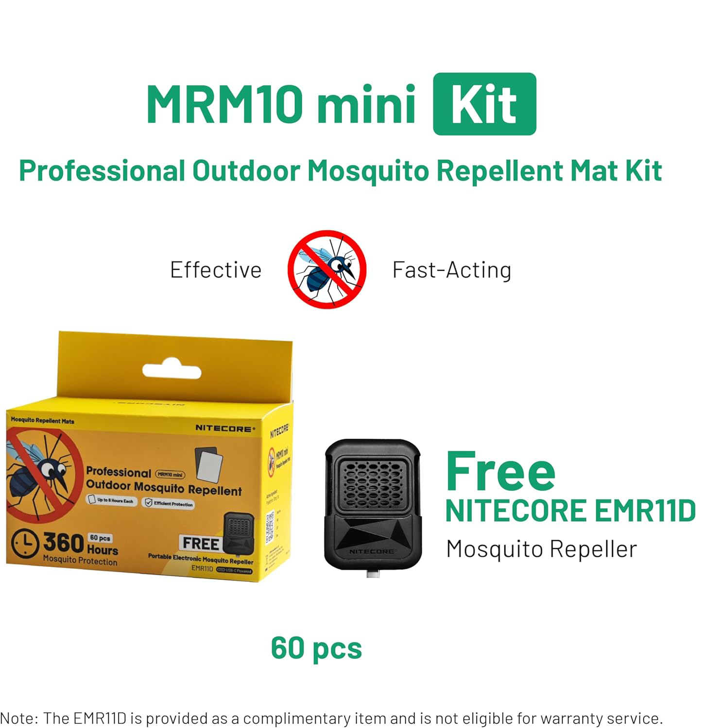 Nitecore MRM10 mini Kit Mosquito Repellent Mats - 60 Professional Repellent Pads - 360 Hours Protection + Free EMR11D