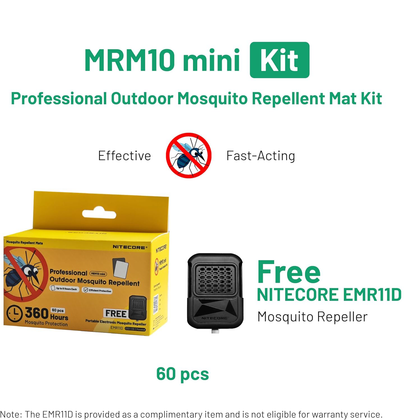 Nitecore MRM10 mini Kit Mosquito Repellent Mats - 60 Professional Repellent Pads - 360 Hours Protection + Free EMR11D