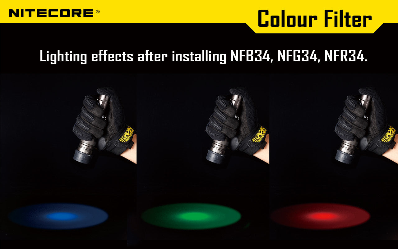 Filtres Nitecore 34mm - Rouge/Vert/Bleu/Diffuseur Blanc - Compatible EC45S, SRT6, MT25, MT26