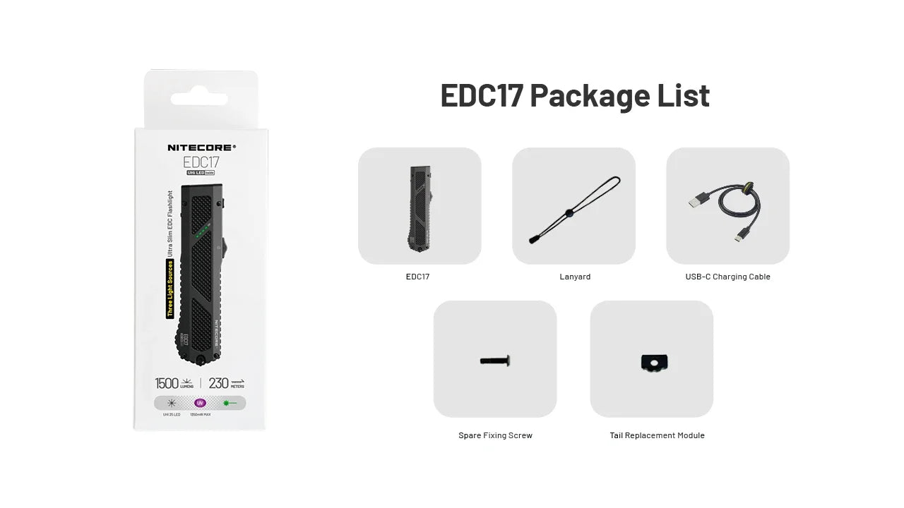 Nitecore EDC17 Flashlight 1500 Lumens - White LED + UV + Green Laser - Flat Design - Rechargeable USB-C