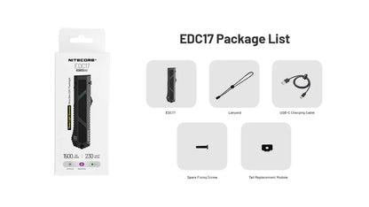 Nitecore EDC17 Flashlight 1500 Lumens - White LED + UV + Green Laser - Flat Design - Rechargeable USB-C