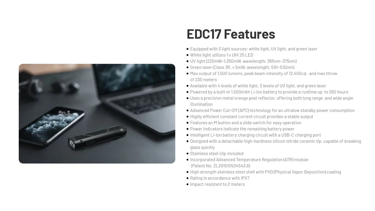 Nitecore EDC17 Flashlight 1500 Lumens - White LED + UV + Green Laser - Flat Design - Rechargeable USB-C