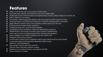 Lampe Torche Ultra Fine Nitecore EDC23 2500 Lumens - Rechargeable USB-C