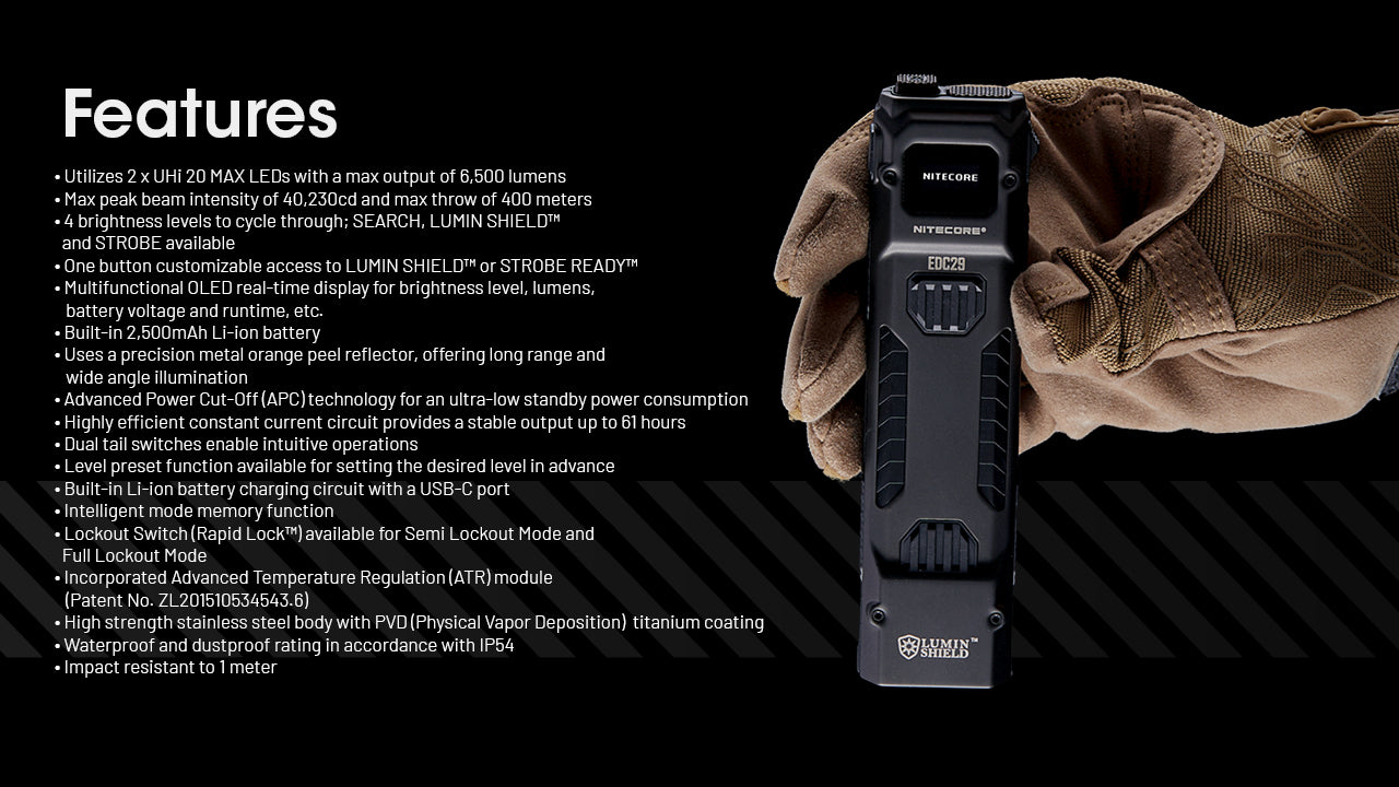 Lampe Nitecore EDC29 6500 Lumens - Rechargeable USB-C - Écran OLED
