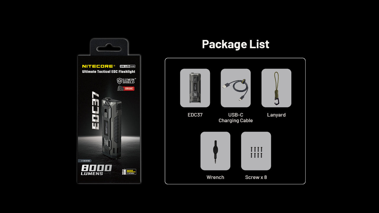 Lampe Torche Nitecore EDC37 8000 Lumens - Rechargeable USB-C - Écran OLED - Acier Inoxydable