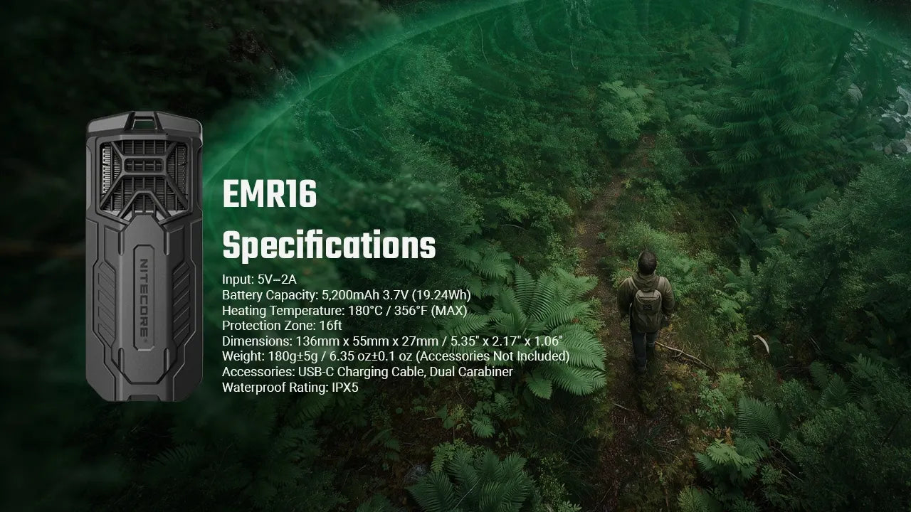 Nitecore EMR16 Electronic Mosquito Repeller 5m Protection Zone - USB-C Rechargeable 5200mAh - FCB 3.0 System