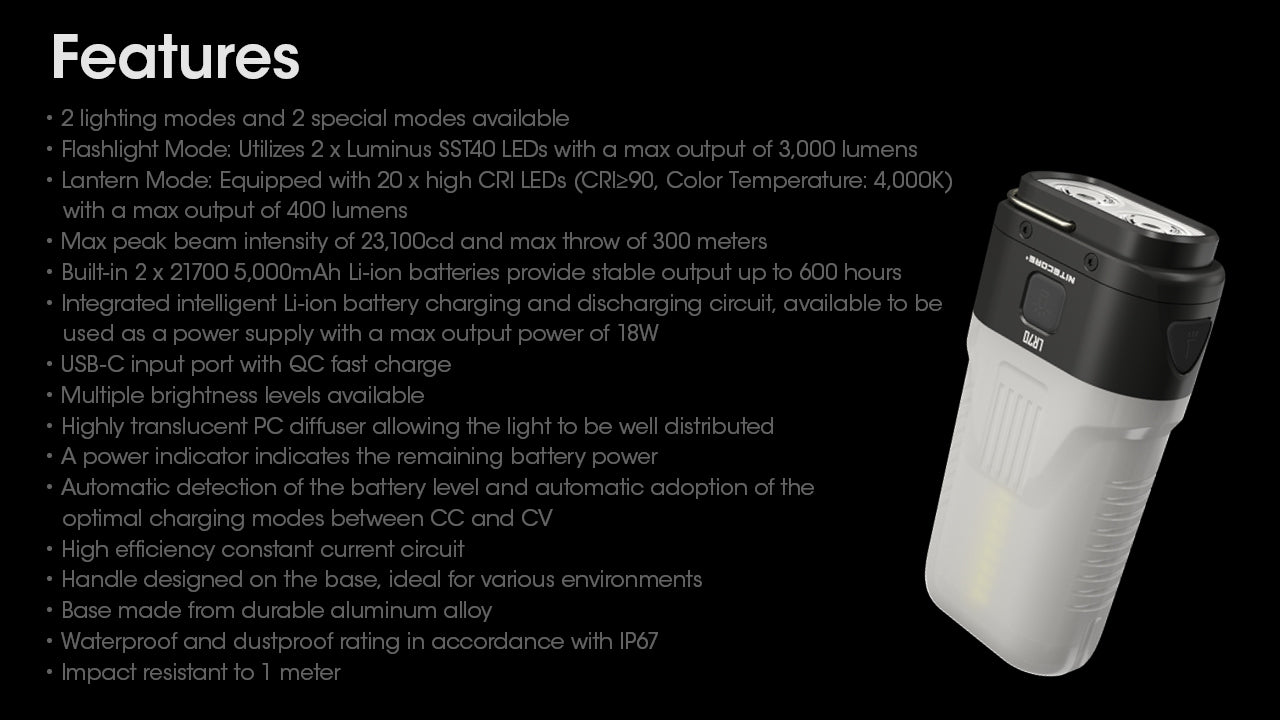 Nitecore LR70 3000 Lumens - 3 en 1 : Lanterne + Lampe Torche + Powerbank 10000mAh - Rechargeable USB-C