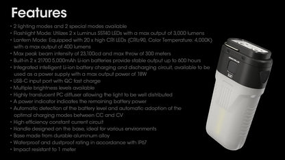 Nitecore LR70 3000 Lumens - 3 en 1 : Lanterne + Lampe Torche + Powerbank 10000mAh - Rechargeable USB-C