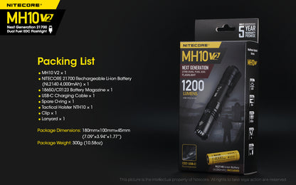 Nitecore MH10 V2 Flashlight 1200 Lumens - Rechargeable USB-C - 21700 Battery