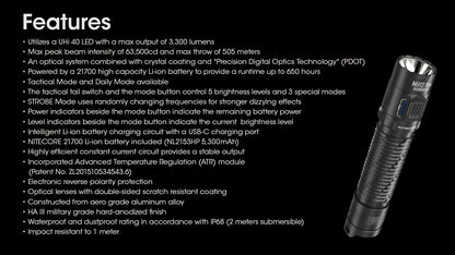 Nitecore MH12 PRO Flashlight 3300 Lumens - Rechargeable USB-C - 21700 Battery