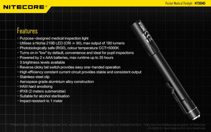 Nitecore MT06MD 180 Lumens - Medical Penlight Nichia CRI90 5000K 2x AAA