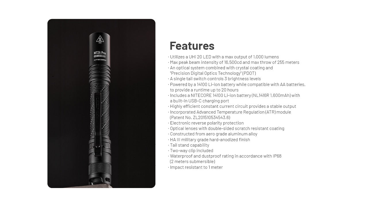Nitecore MT2A Pro 1000 Lumens - Compact EDC Flashlight USB-C Rechargeable 2x AA Compatible