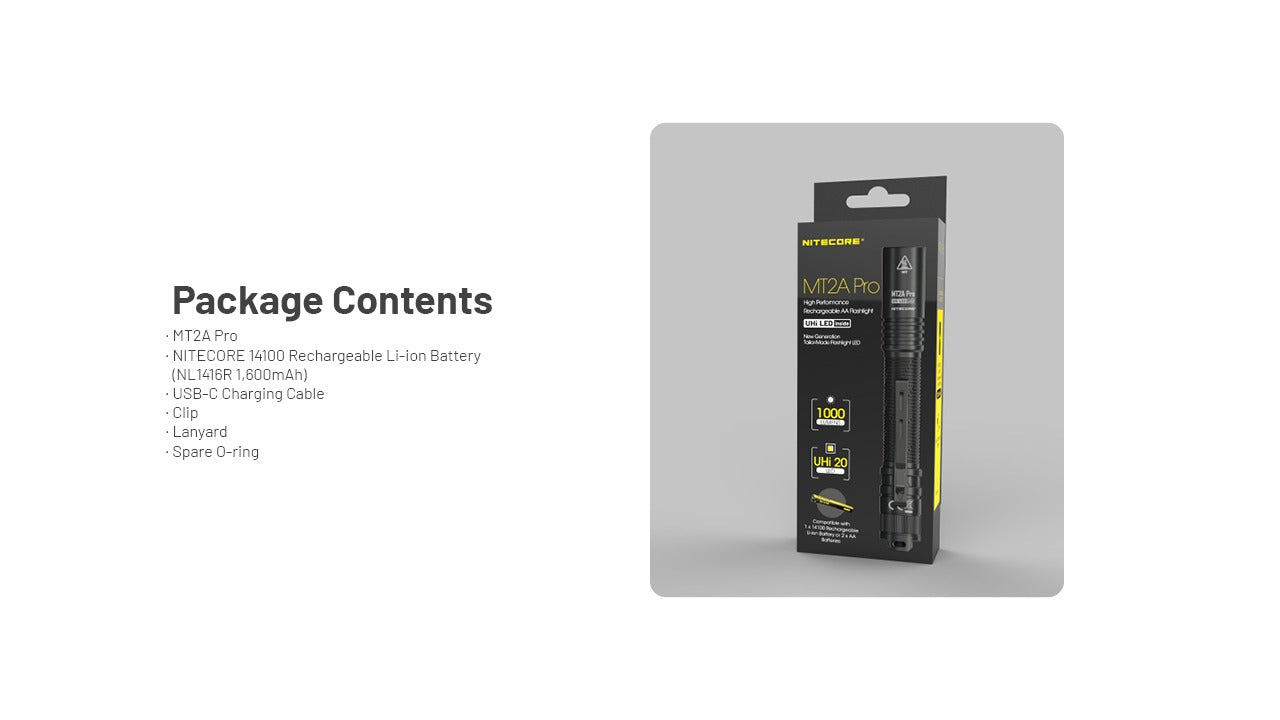 Nitecore MT2A Pro 1000 Lumens - Compact EDC Flashlight USB-C Rechargeable 2x AA Compatible