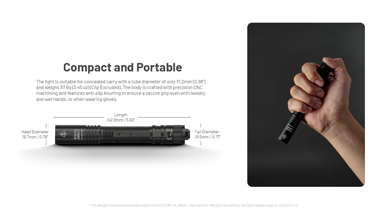 Nitecore MT2A Pro 1000 Lumens - Compact EDC Flashlight USB-C Rechargeable 2x AA Compatible