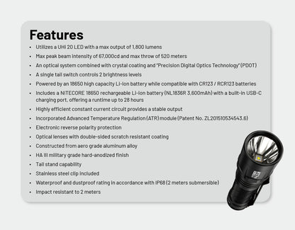 Nitecore MT2C Pro 1800 Lumens - Compact EDC Flashlight USB-C Rechargeable CR123 Compatible (Copie)